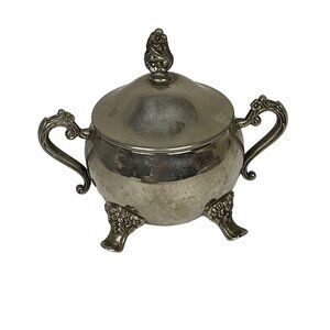 Vintage Lidded/Footed Metal Silverplate Sugar Bowl with Handles